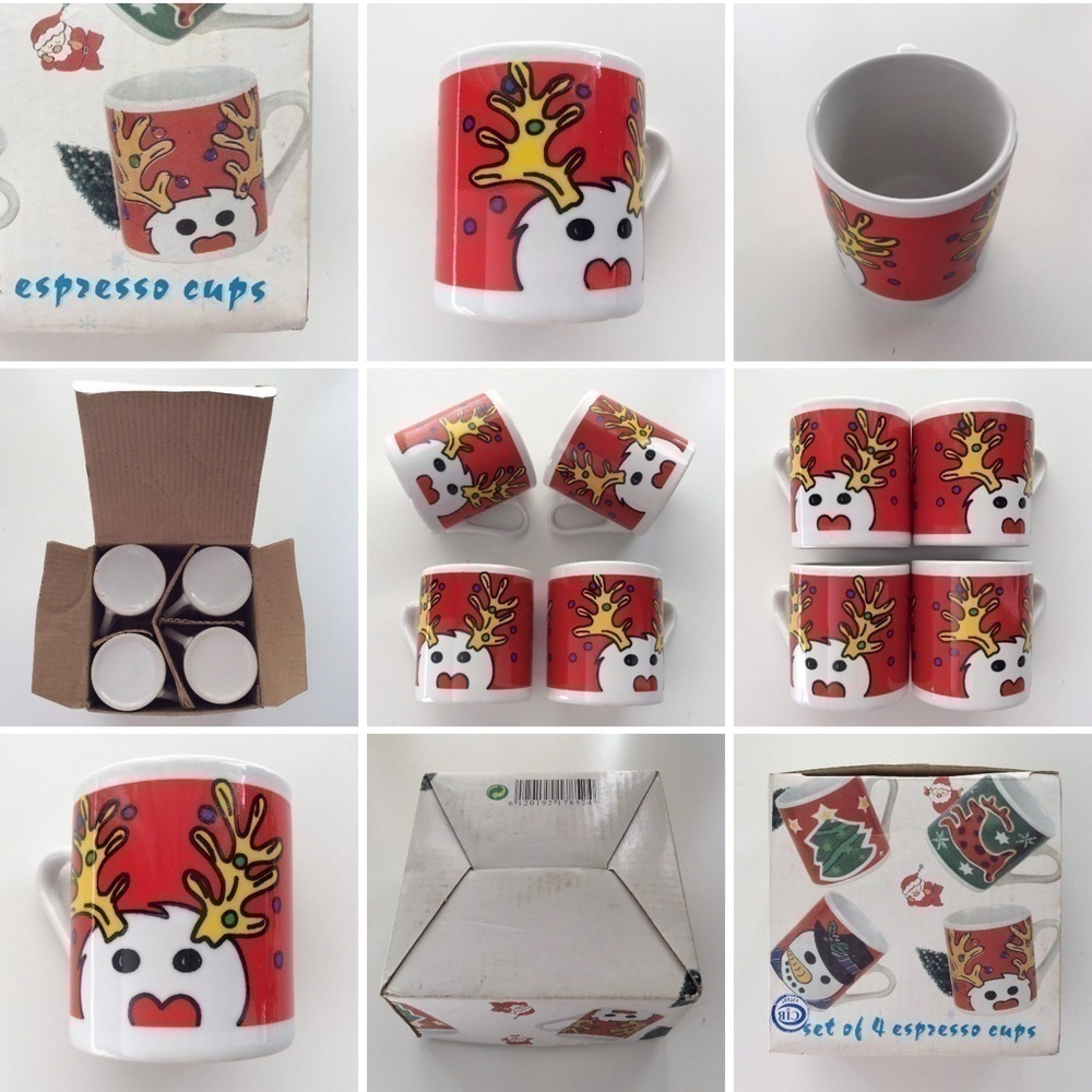 Vintage NEW Espresso Christmas Reindeer Coffee Cups SET OF 4 Whimsical Holiday - Picture 4 of 8